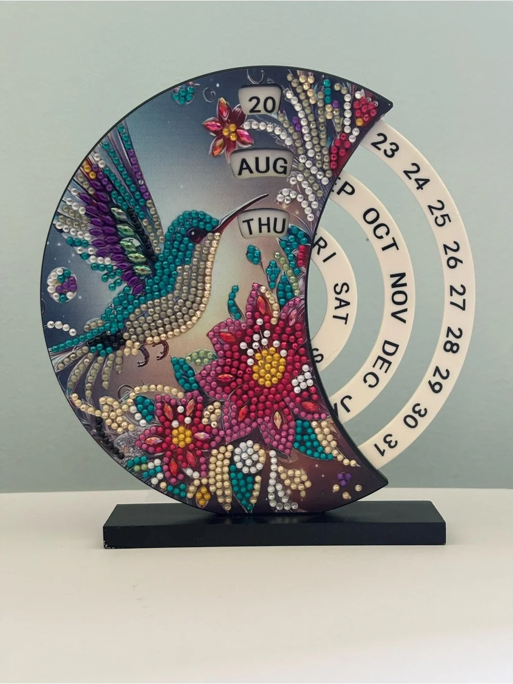 Completed Hummingbird Floral Diamond Art Perpetual Desk or Shelf Calendar